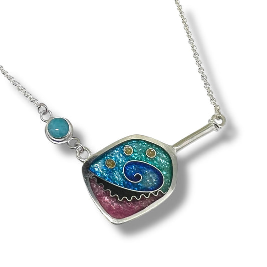 Cloisonné Enameled Pickleball Paddle and Ball Necklace - Ocean Color Palette