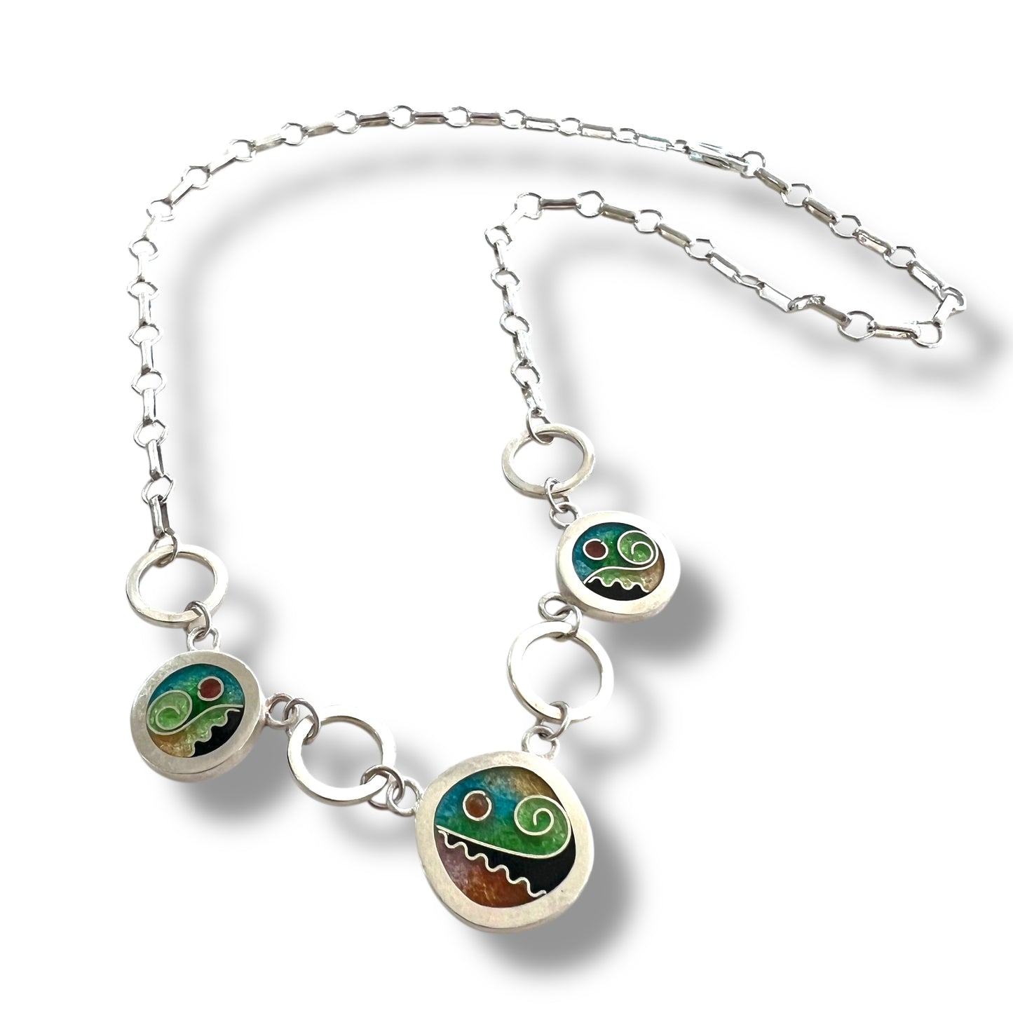Cloisonné Enameled Square/Two Circle Necklace - Meadow Color Palette