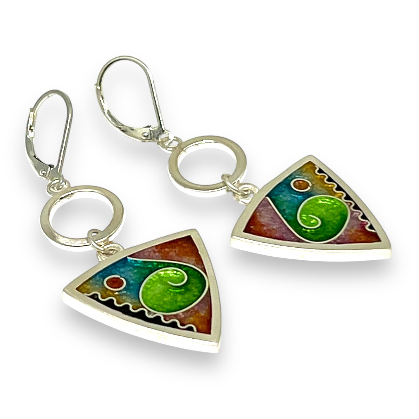 Cloisonné Enameled Triangle Hanging Earrings with Silver Washers– Meadow Color Palette