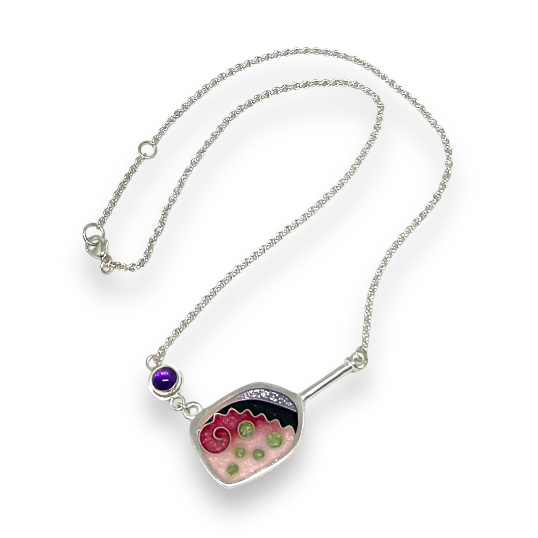 Cloisonné Enameled Pickleball Paddle & Ball Necklace-Cherry Blossom Color Palette