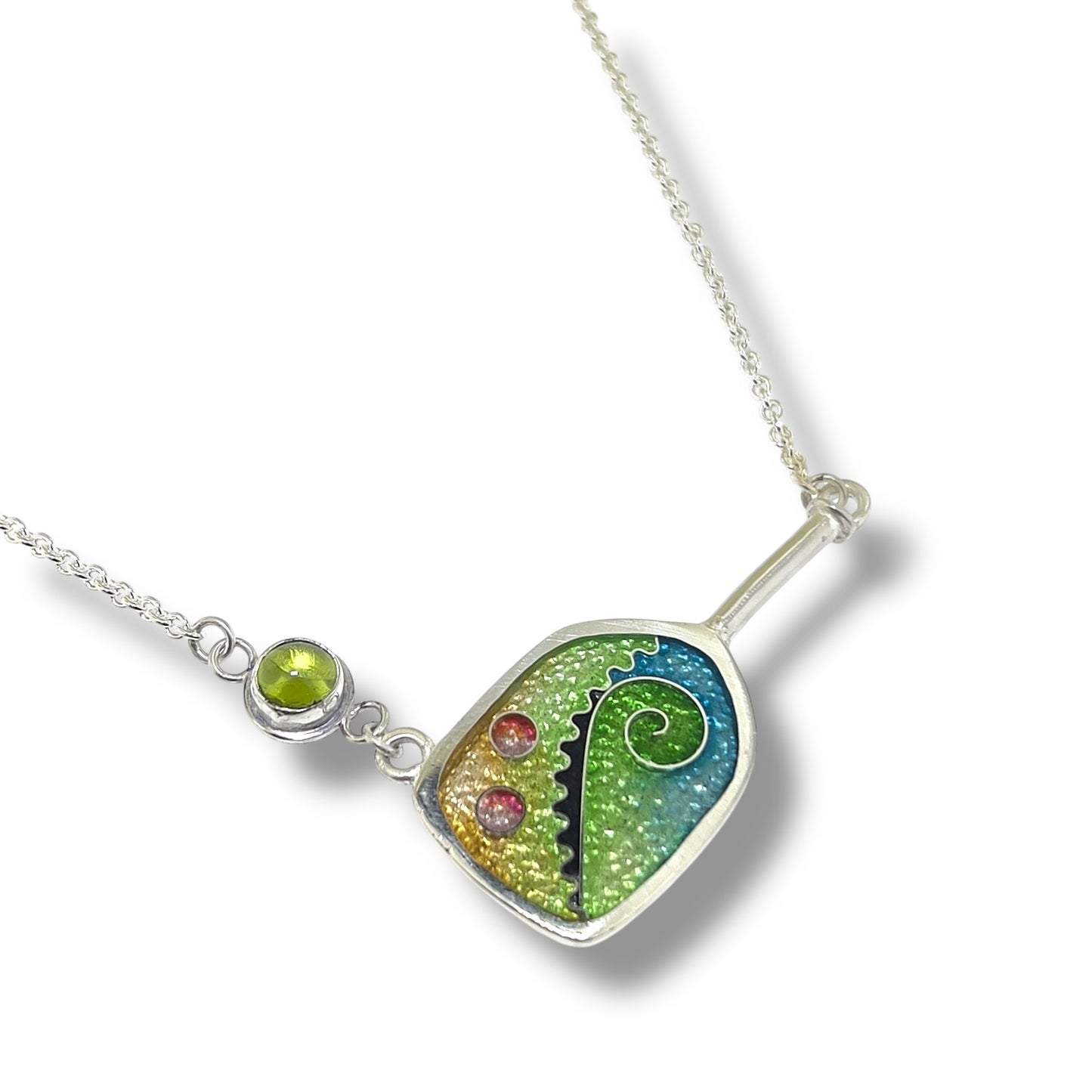 Cloisonné Enameled Pickleball Paddle & Ball Necklace -  Meadow