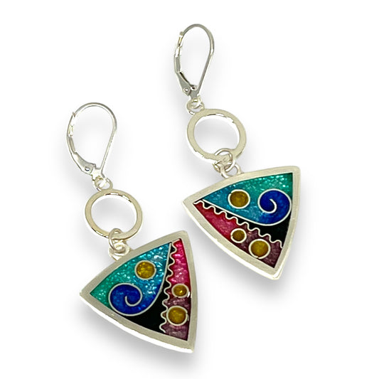Cloisonné Enameled Triangle Hanging Earrings-Ocean Color Palette