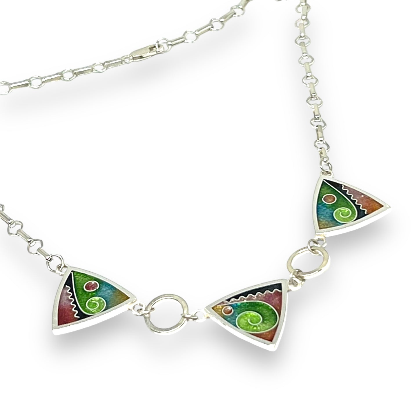 Cloisonné  Enameled 3 Triangle Necklace - Meadow Color Palette