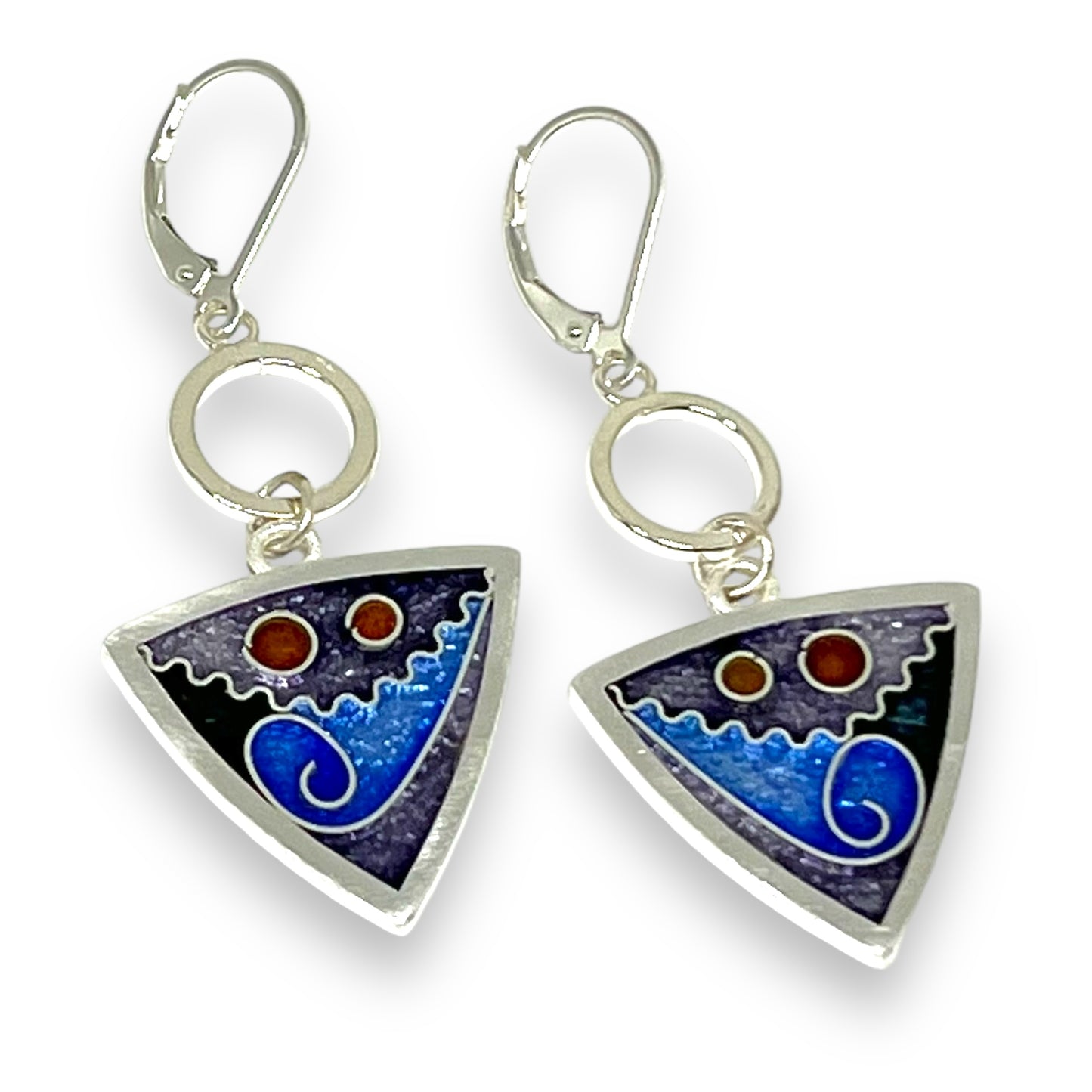 Cloisonné Enameled Triangle Earrings with Silver Washers-Ice Color Palette