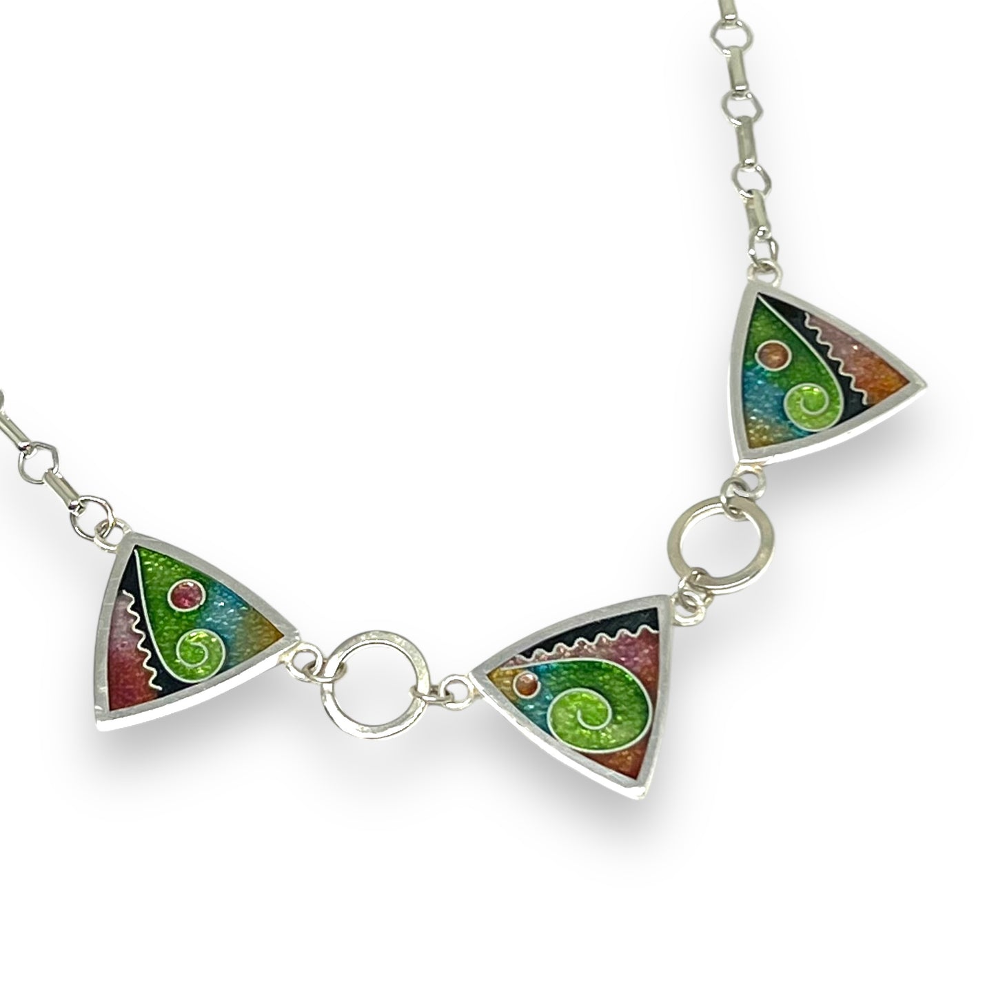 Cloisonné  Enameled 3 Triangle Necklace - Meadow Color Palette
