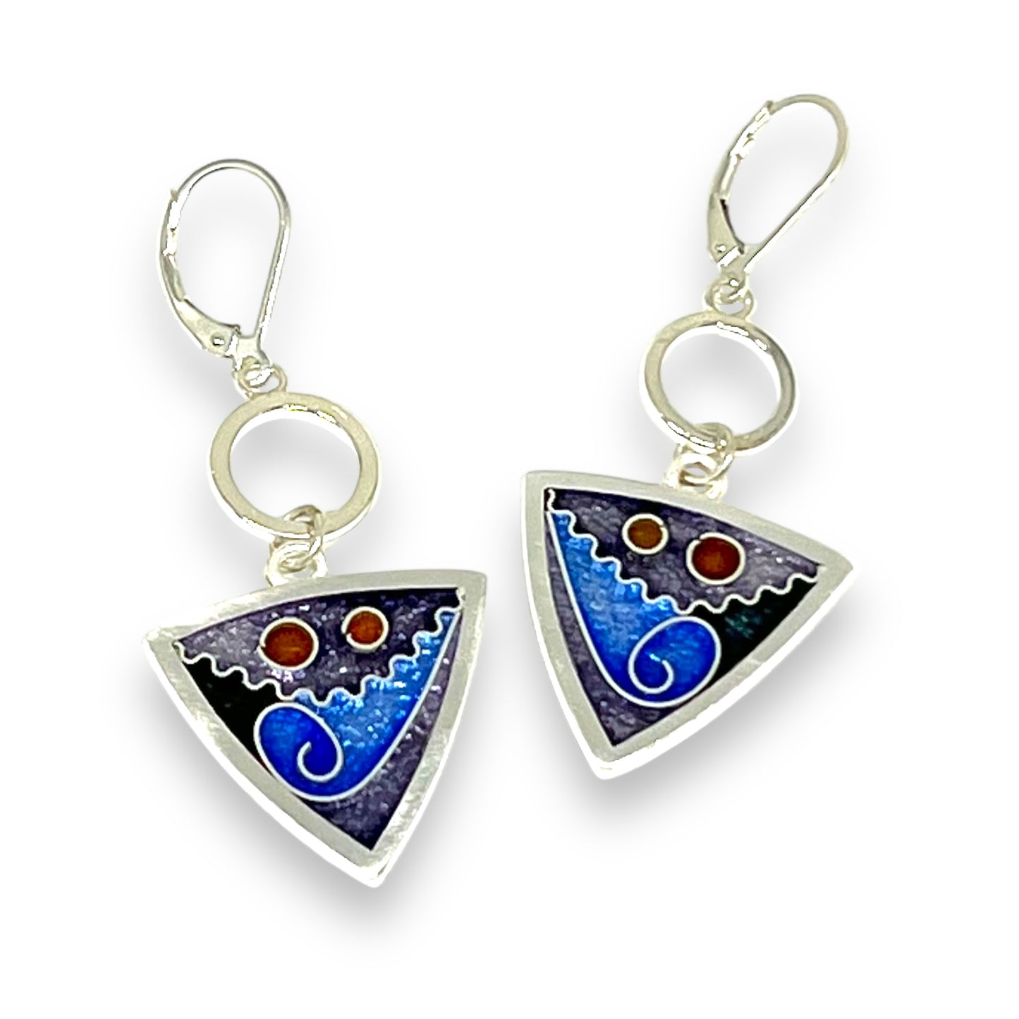 Cloisonné Enameled Triangle with Silver Washer Earrings-Ice Color Palette