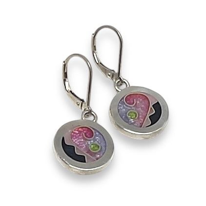 Cloisonné Enameled Circle Hanging Earrings - Cherry Blossom Color Palette