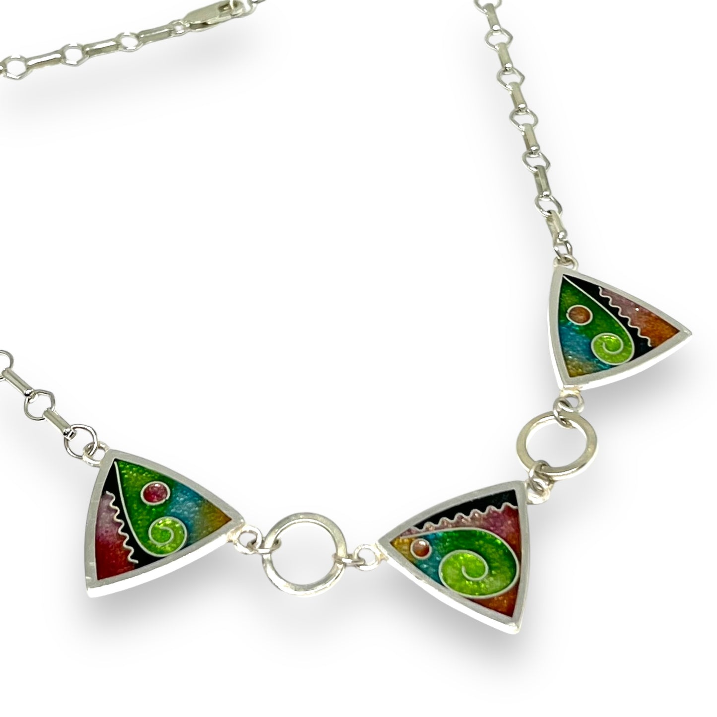 Cloisonné  Enameled 3 Triangle Necklace - Meadow Color Palette