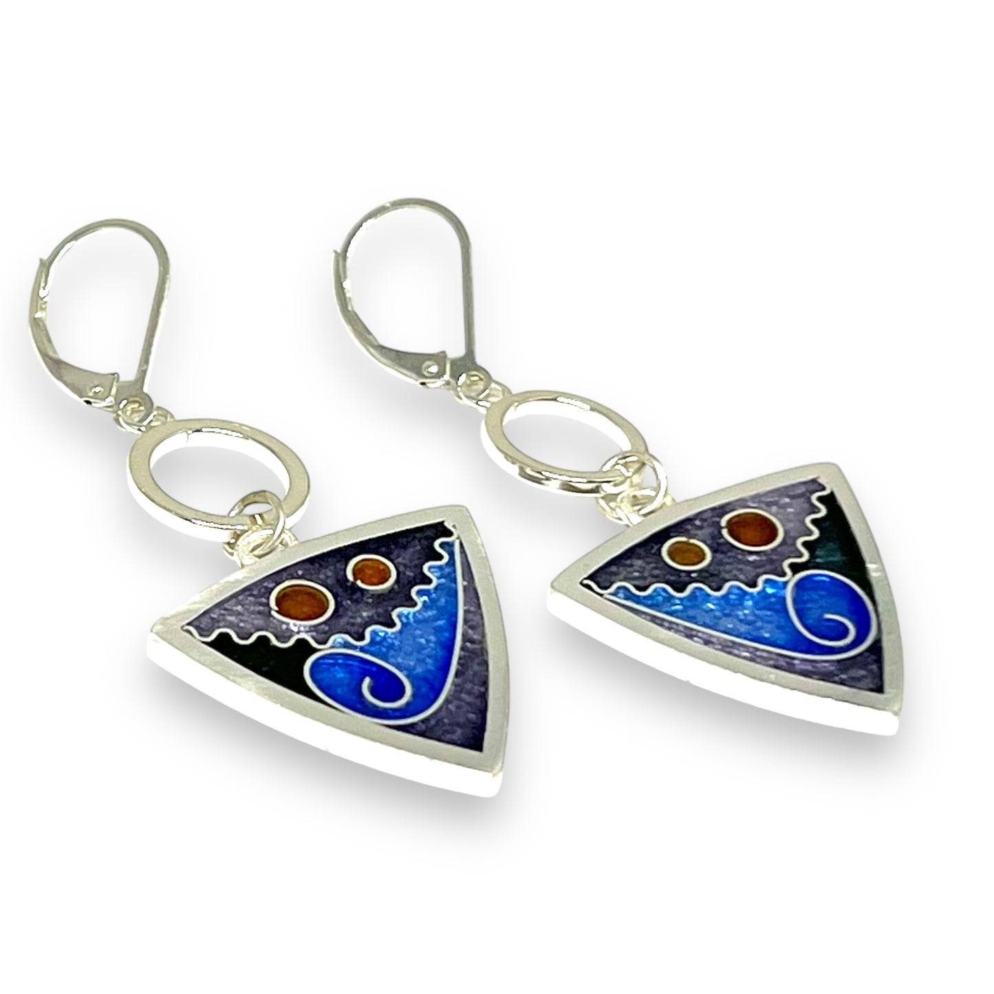 Cloisonné Enameled Triangle Earrings with Silver Washers-Ice Color Palette