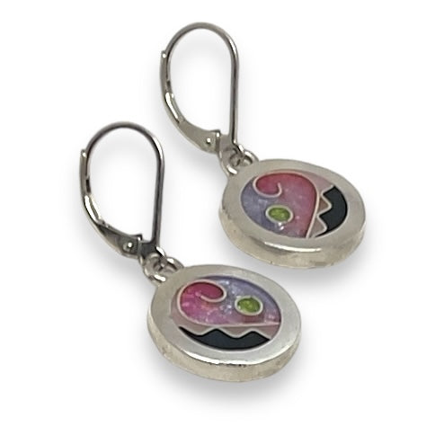 Cloisonné Enameled Circle Hanging Earrings - Cherry Blossom Color Palette