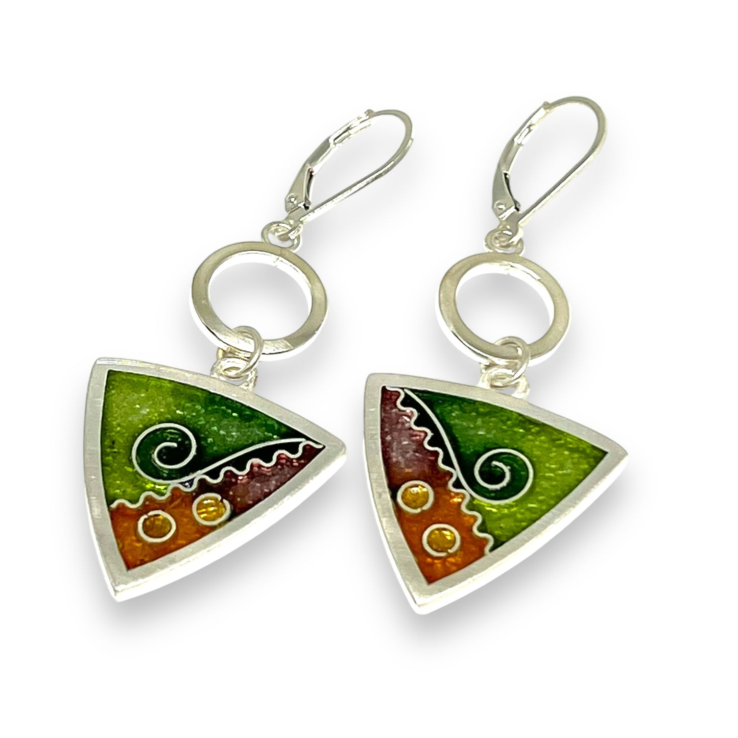 Cloisonné Enameled Triangle Drop Earrings with Silver Washers-Desert Color Palette