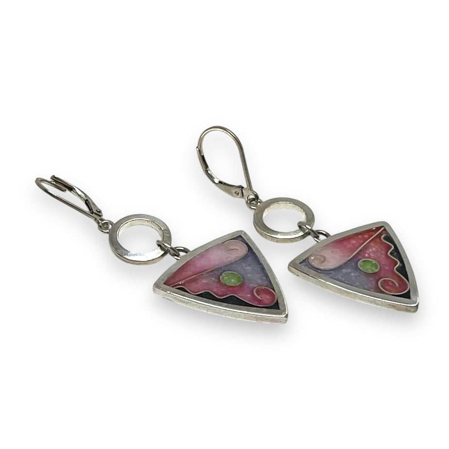 Cloisonné Enameled Triangle Hanging Earrings – Cherry Blossom Color Palette