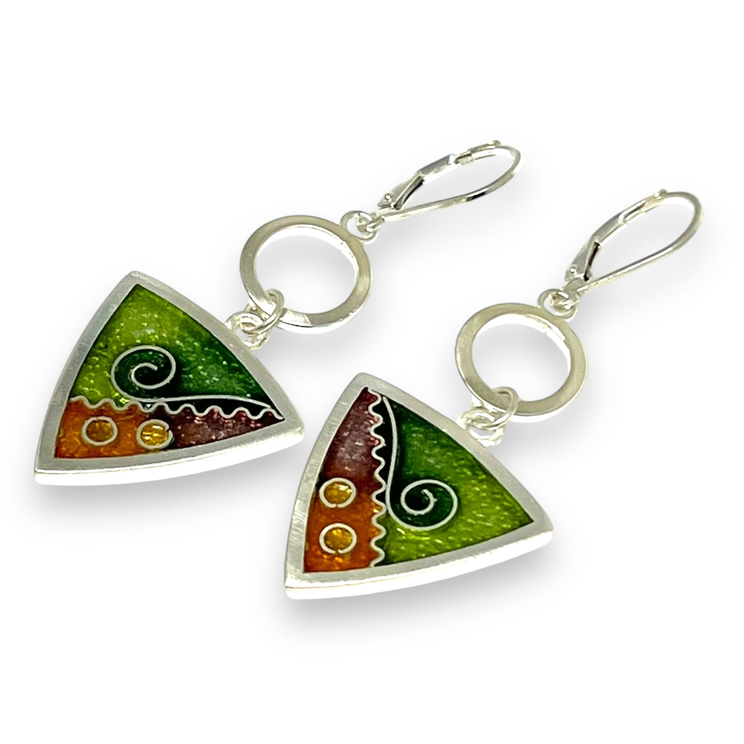 Cloisonné Enameled Triangle Drop Earrings with Silver Washers-Desert Color Palette