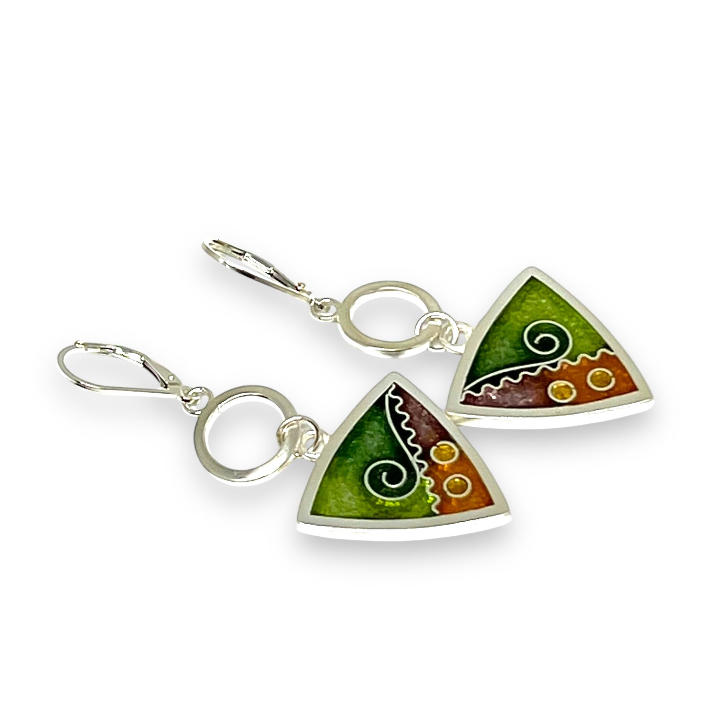 Cloisonné Enameled Triangle Drop Earrings with Silver Washers-Desert Color Palette