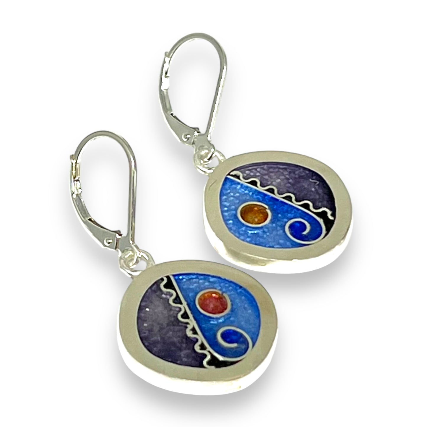 Cloisonné Enameled Rounded Square Hanging Earrings-Ice Color Palette