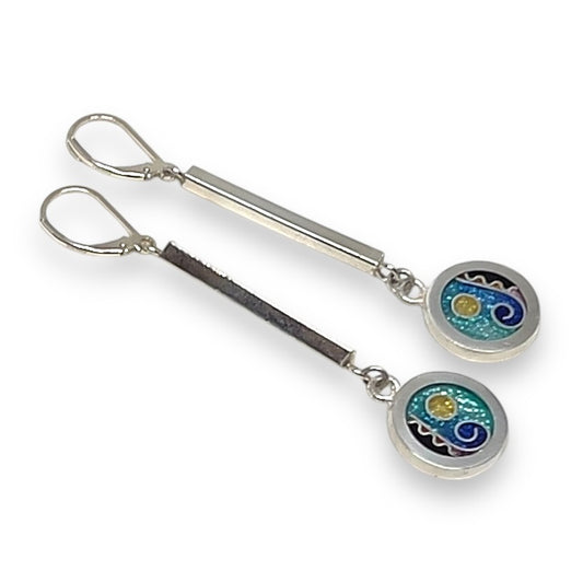 Cloisonné Enameled Circle/Bar Earrings-Ocean Color Palette