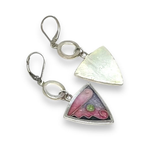 Cloisonné Enameled Triangle Hanging Earrings – Cherry Blossom Color Palette