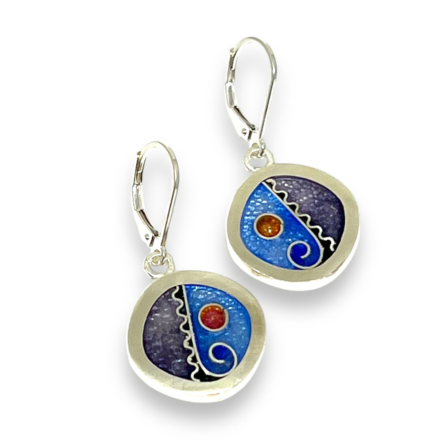 Cloisonné Enameled Rounded Square Hanging Earrings-Ice Color Palette