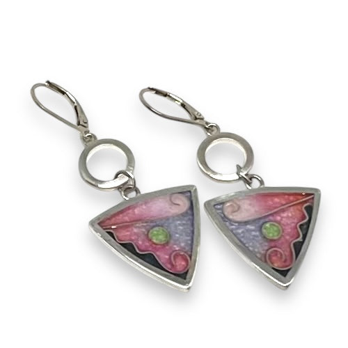 Cloisonné Enameled Triangle Hanging Earrings – Cherry Blossom Color Palette