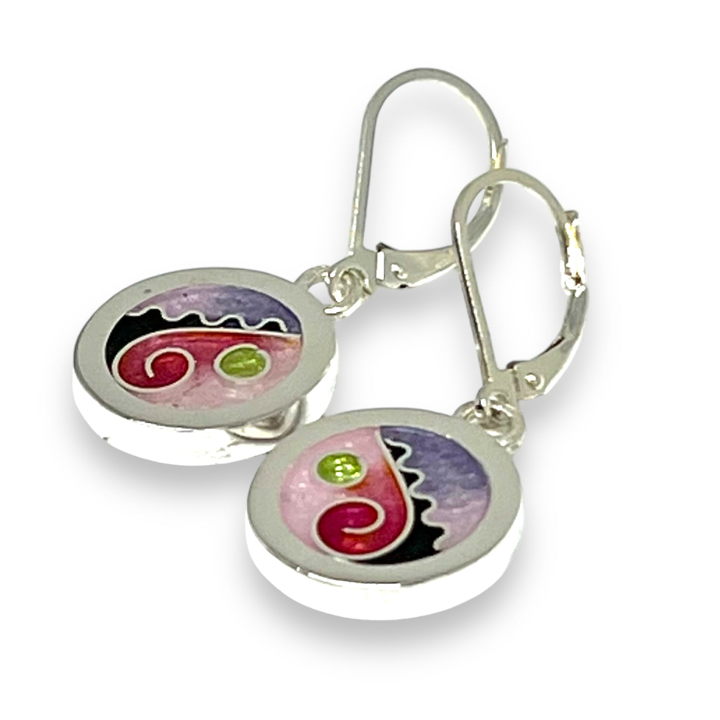Cloisonné Enameled Circle Hanging Earrings - Cherry Blossom Color Palette