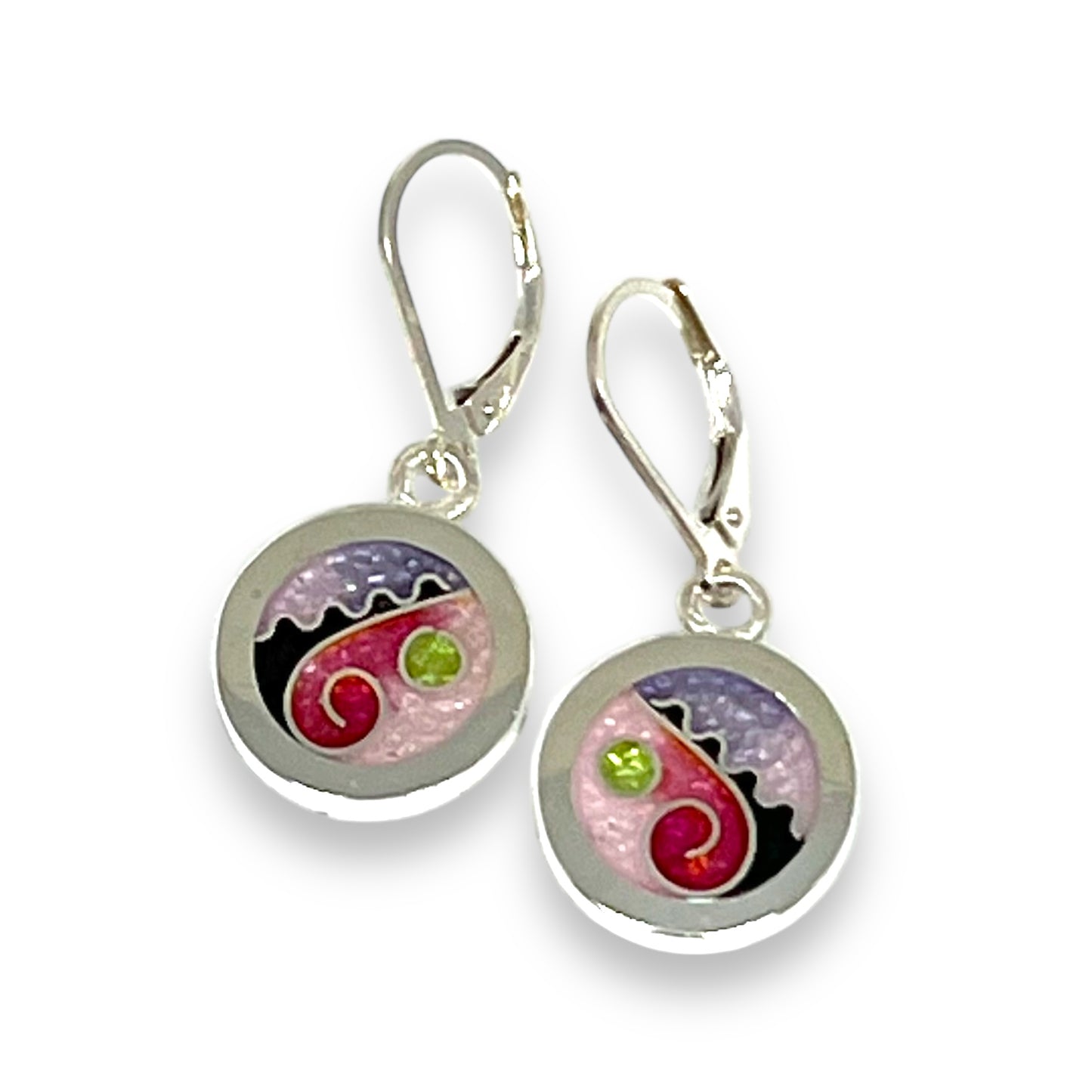 Cloisonné Enameled Circle Hanging Earrings - Cherry Blossom Color Palette
