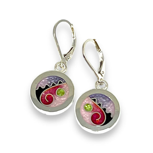 Cloisonné Enameled Circle Hanging Earrings - Cherry Blossom Color Palette