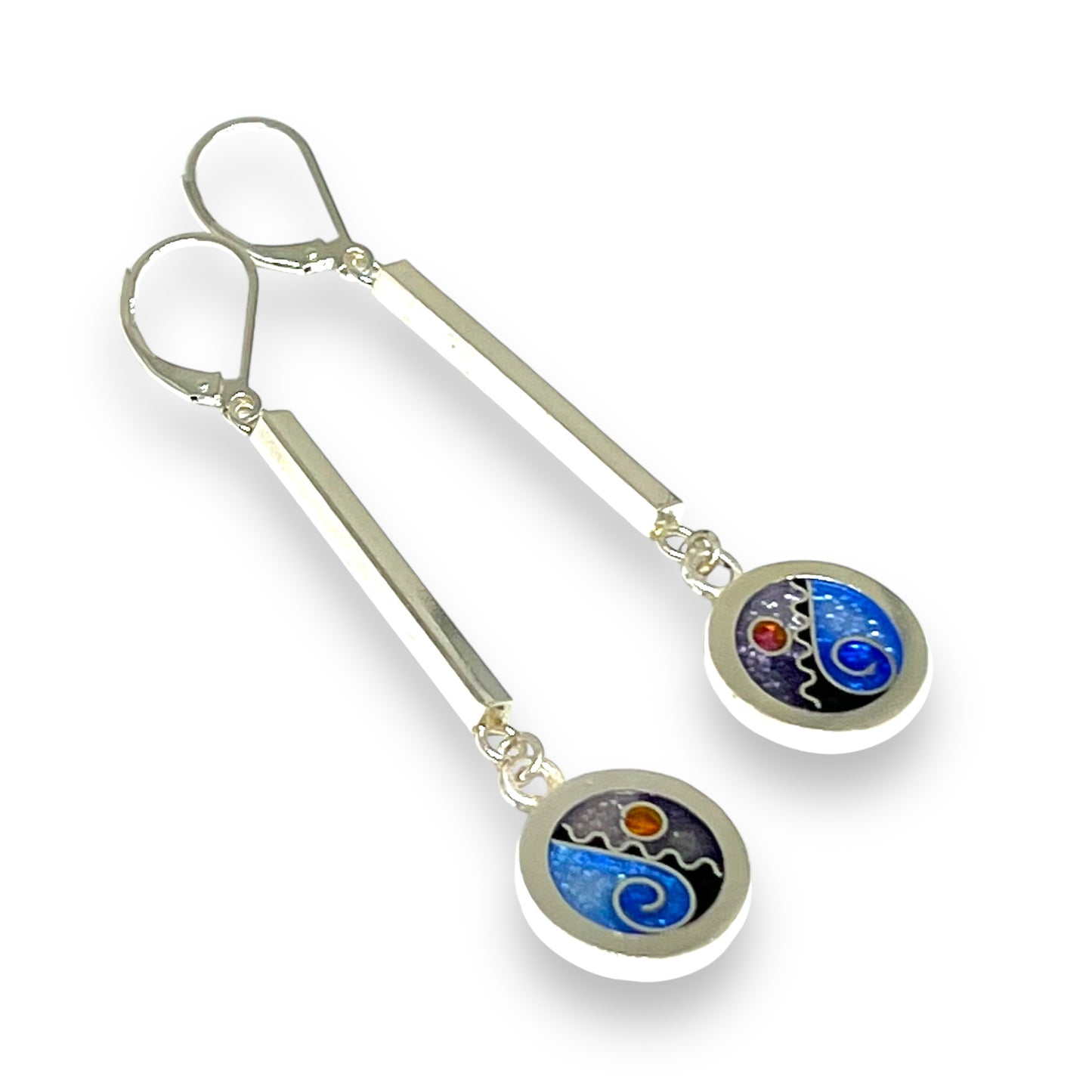 Cloisonné Enameled Circle/Bar Earrings - Ice Color Palette