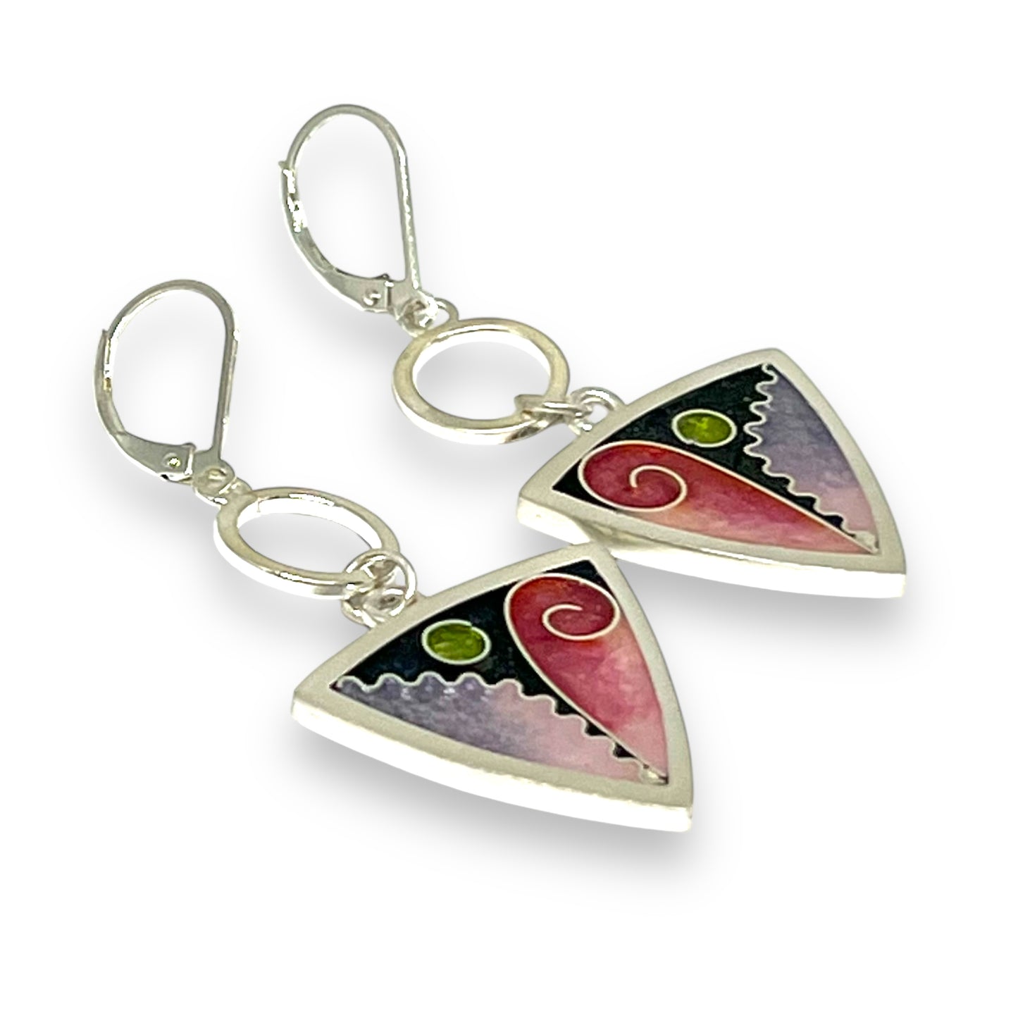 Cloisonné Enameled Triangle Earrings with Silver Washers - Cherry Blossom Color Palette