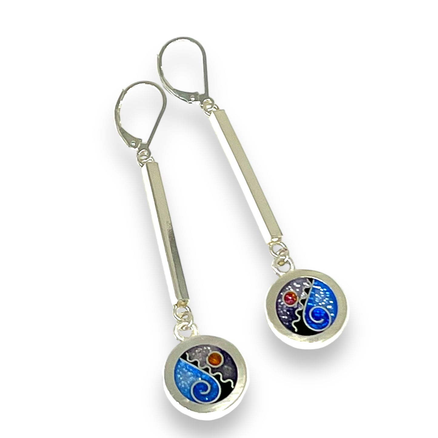 Cloisonné Enameled Circle/Bar Earrings - Ice Color Palette