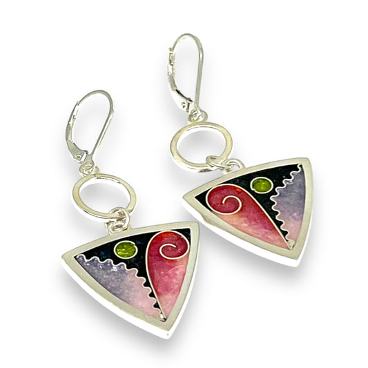 Cloisonné Enameled Triangle Earrings with Silver Washers - Cherry Blossom Color Palette