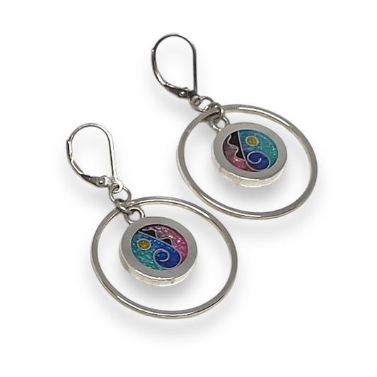 Cloisonné Enameled Hoop Earrings - Ocean Color Palette
