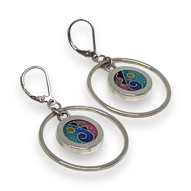 Cloisonné Enameled Hoop Earrings - Ocean Color Palette