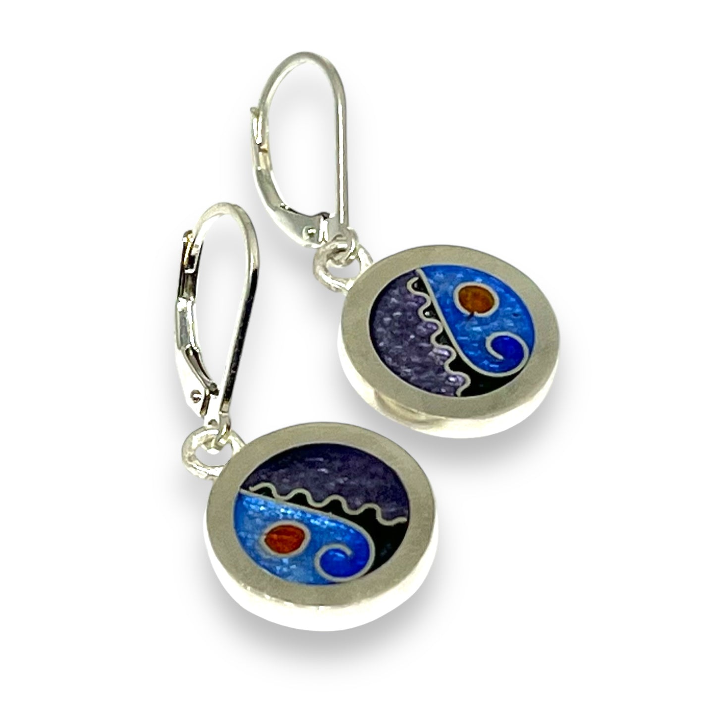 Cloisonné Enameled Circle Hanging Earrings - Ice Color Palette