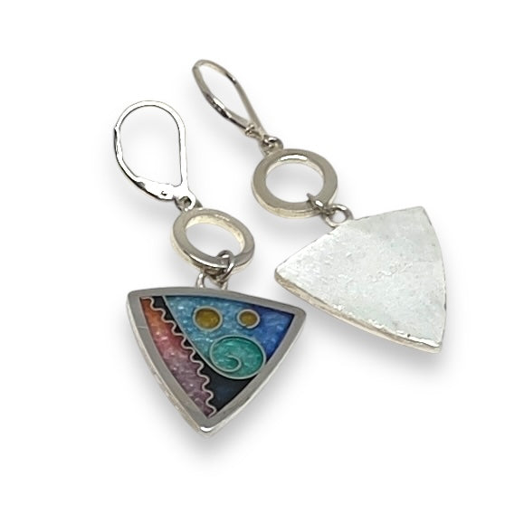 Cloisonné Enameled Triangle Earrings with Silver Washers-Ocean Color Palette