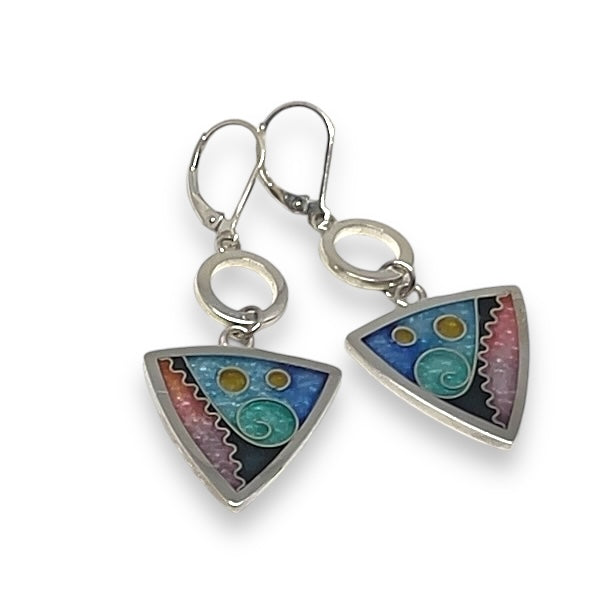 Cloisonné Enameled Triangle Earrings with Silver Washers-Ocean Color Palette