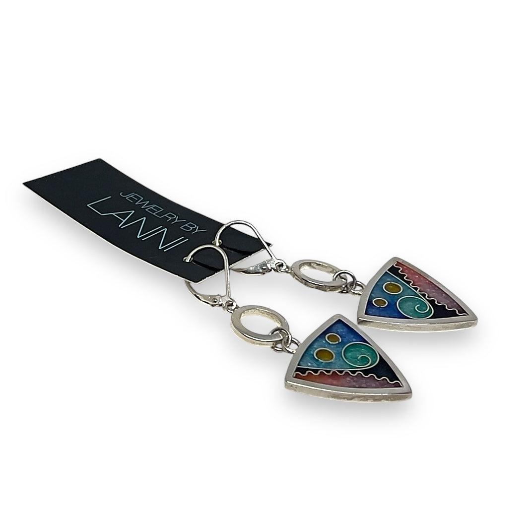 Cloisonné Enameled Triangle Earrings with Silver Washers-Ocean Color Palette