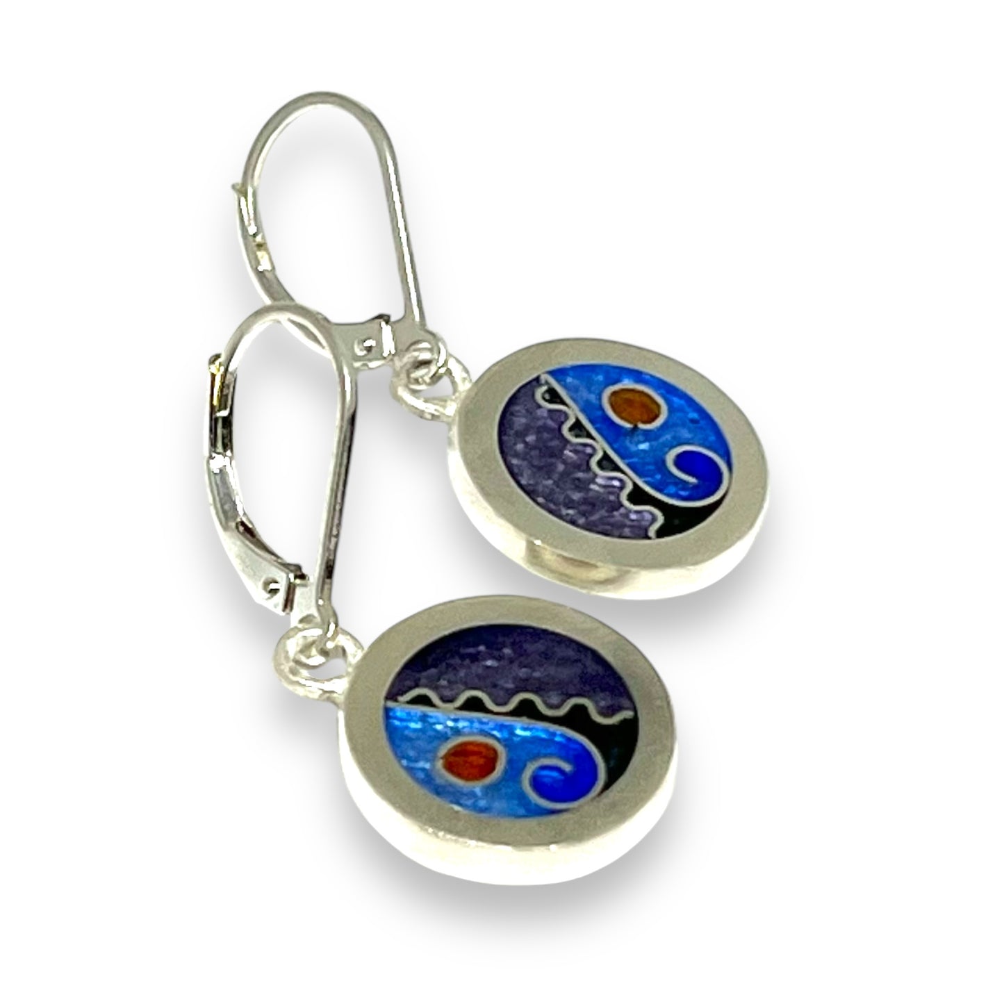 Cloisonné Enameled Circle Hanging Earrings - Ice Color Palette