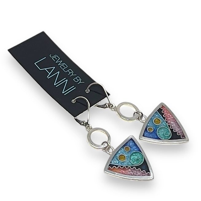 Cloisonné Enameled Triangle Earrings with Silver Washers-Ocean Color Palette