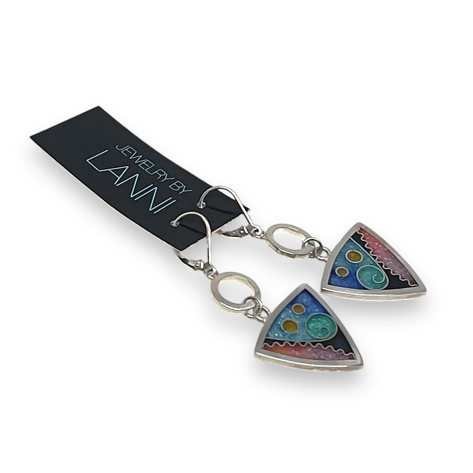 Cloisonné Enameled Triangle Earrings with Silver Washers-Ocean Color Palette