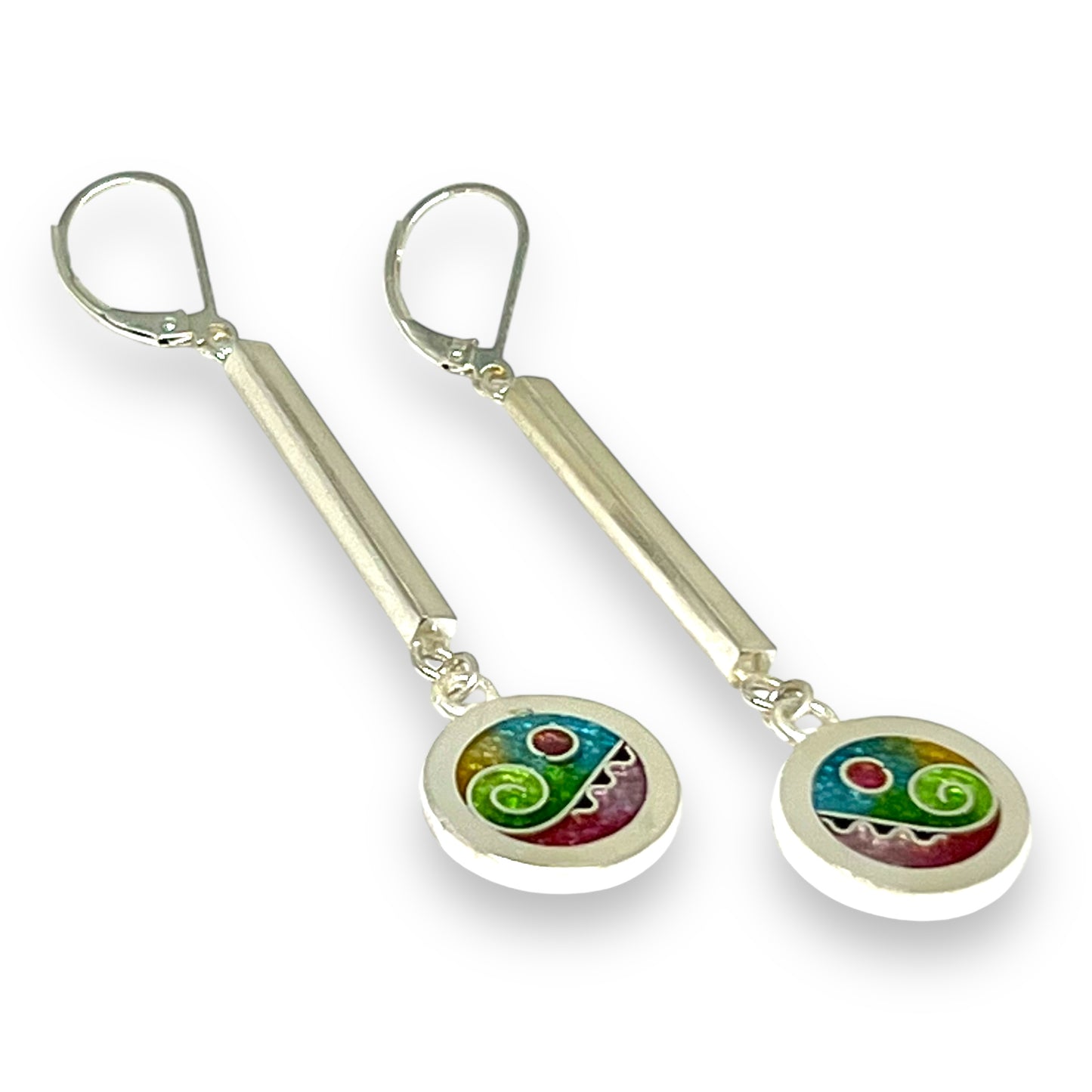 Cloisonné Enameled Circle/Bar Earrings - Meadow Color Palette