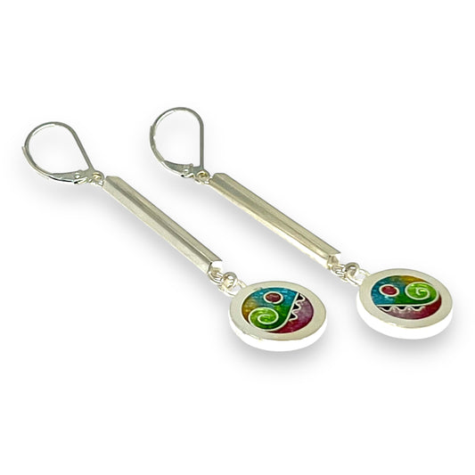 Cloisonné Enameled Circle/Bar Earrings - Meadow Color Palette