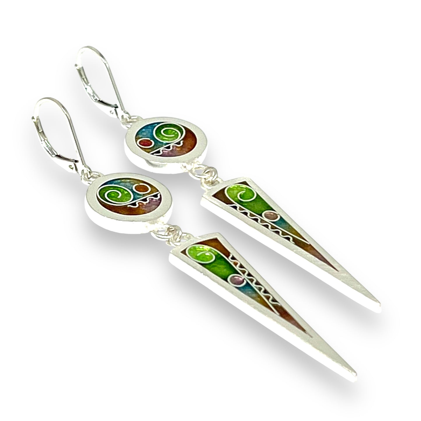 Cloisonné Enameled Circle/Triangle Earrings – Meadow Color Palette