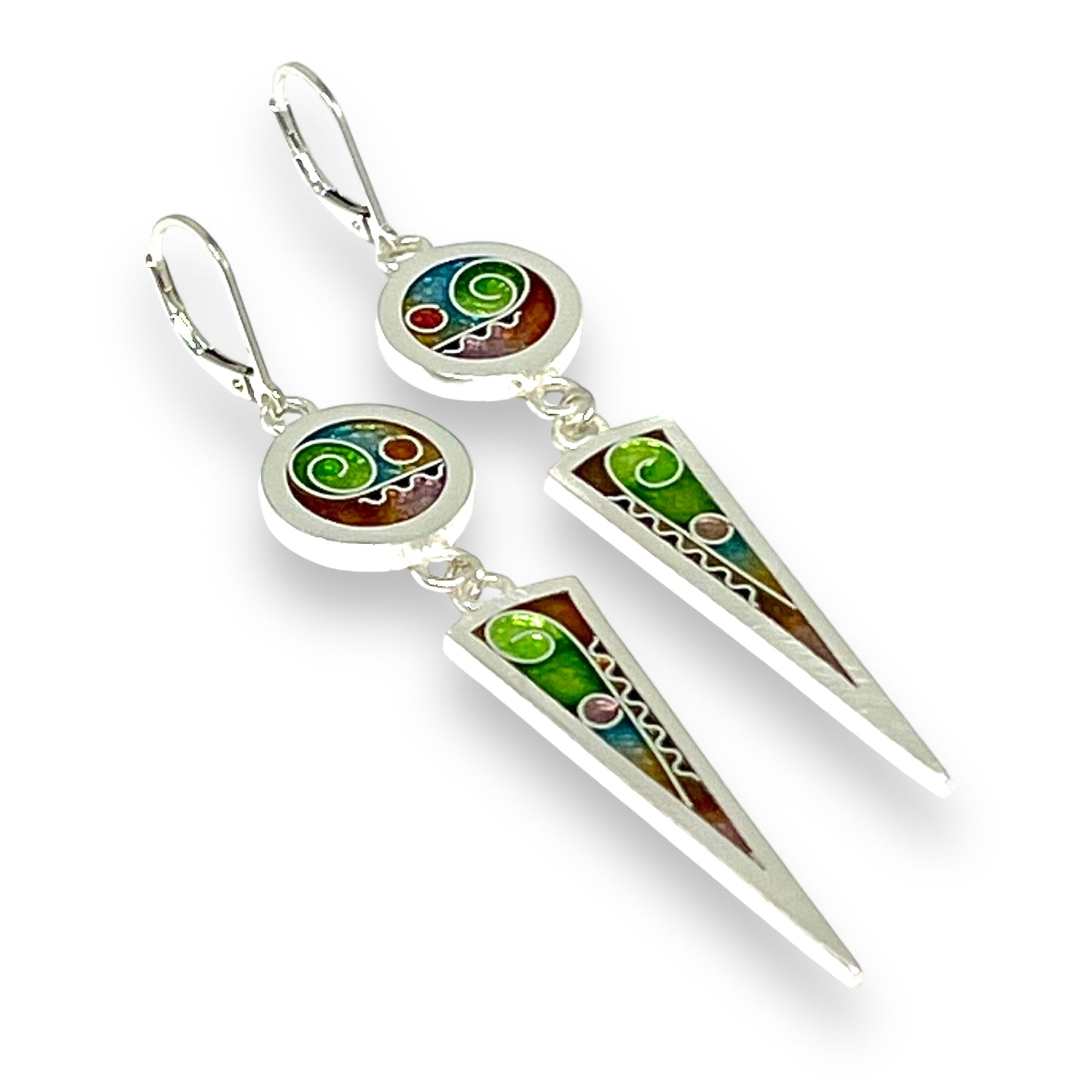 Cloisonné Enameled Circle/Triangle Earrings – Meadow Color Palette