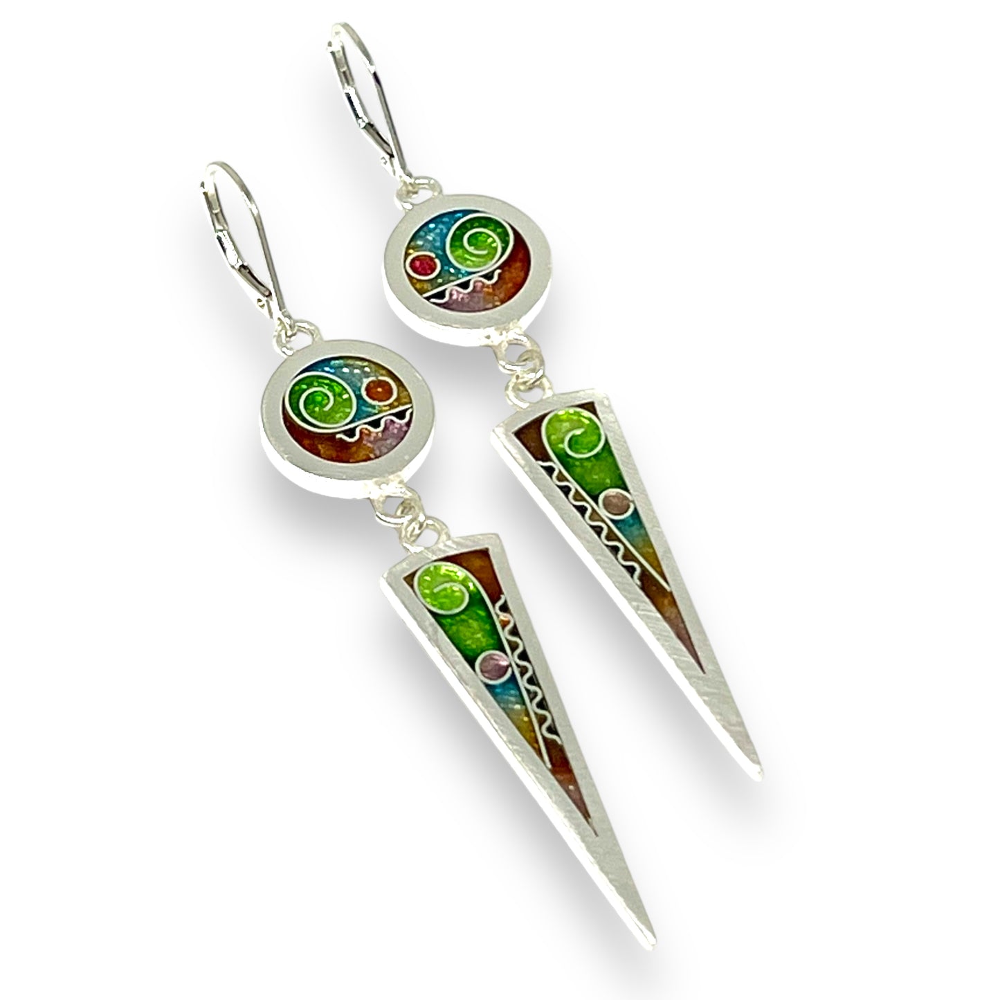 Cloisonné Enameled Circle/Triangle Earrings – Meadow Color Palette