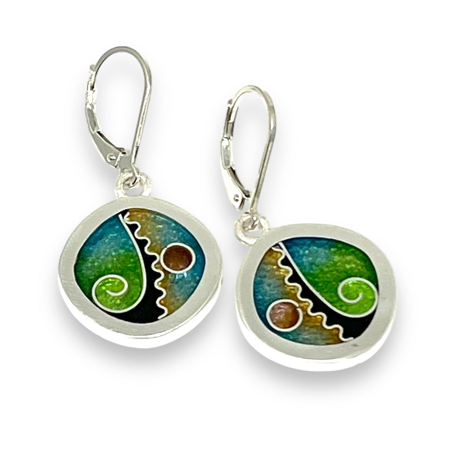 Cloisonné Enameled Rounded Square Hanging Earrings-Meadow Color Palette