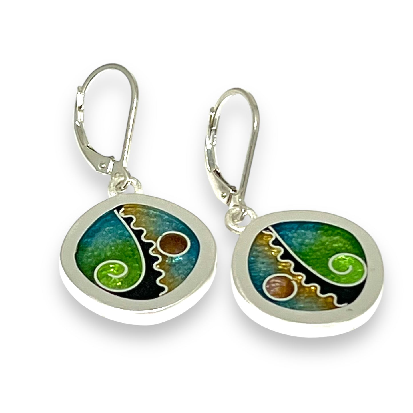 Cloisonné Enameled Rounded Square Hanging Earrings-Meadow Color Palette