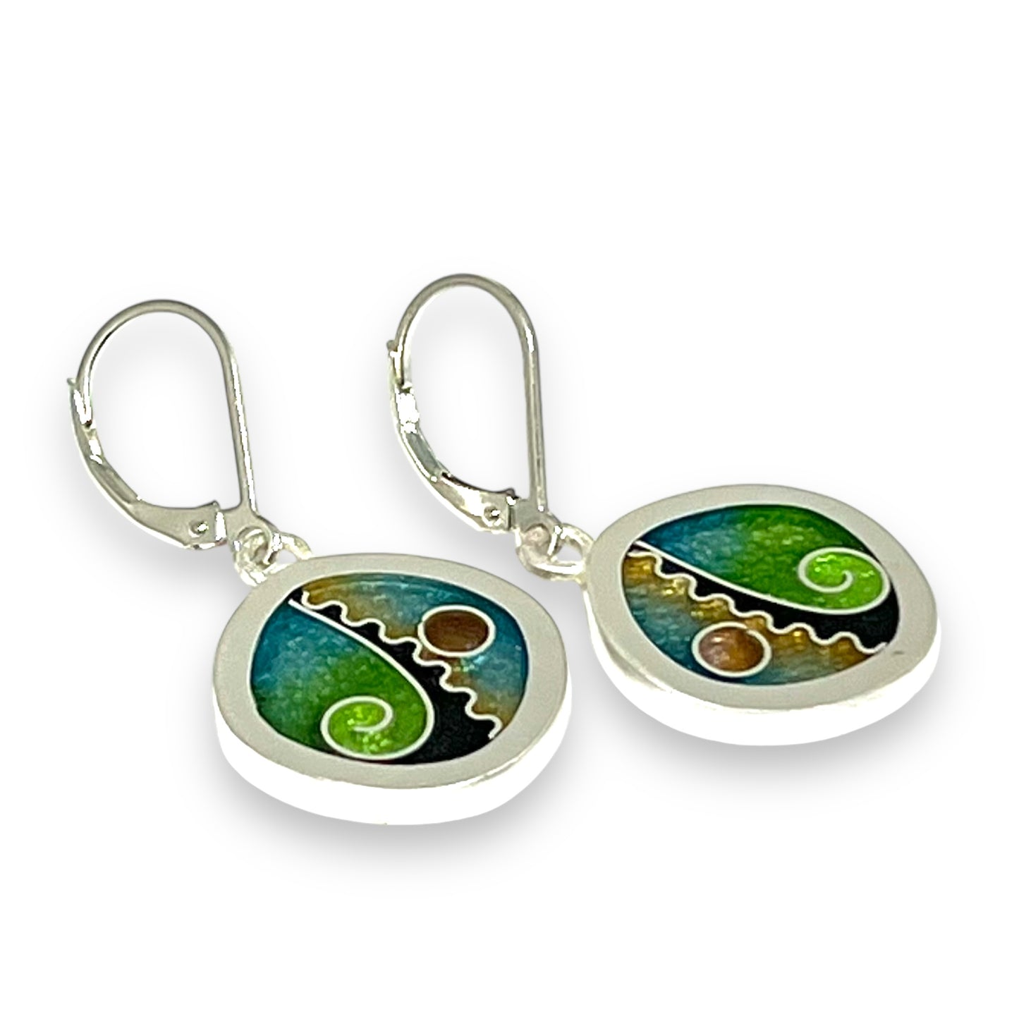 Cloisonné Enameled Rounded Square Hanging Earrings-Meadow Color Palette