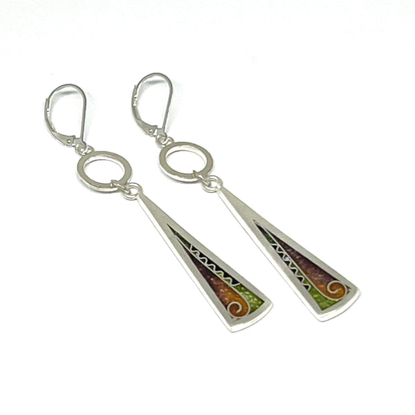 Cloisonné Long Triangle Earrings with Silver Washers (Desert)