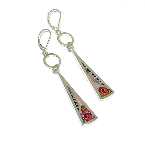 Cloisonné Long Triangle Earrings with Silver Washers (Cherry Blossom)