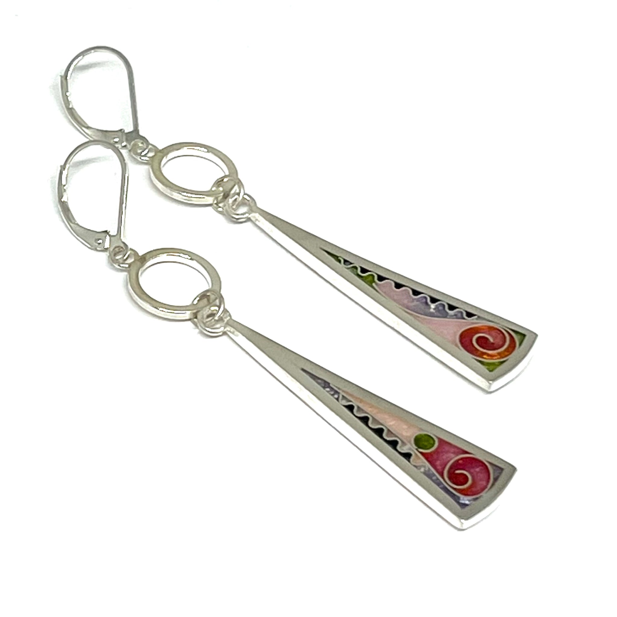Cloisonné Long Triangle Earrings with Silver Washers (Cherry Blossom)